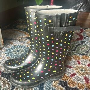 black colorful polka dot rain boots
